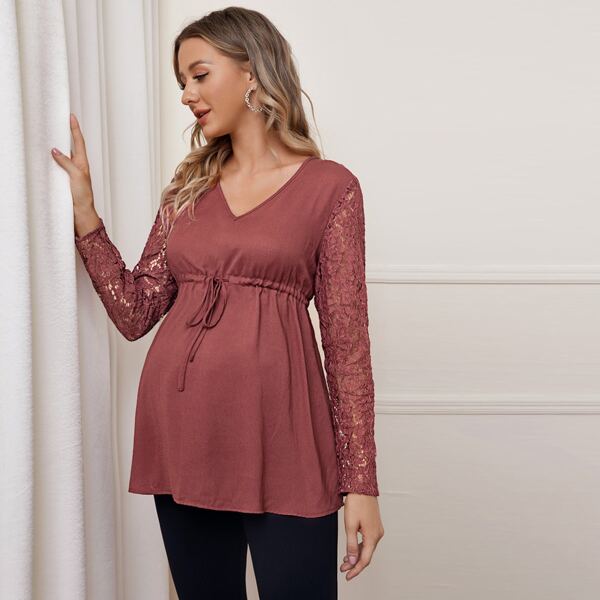 

Maternity Lace Sleeve Drawstring Waist Top, Redwood