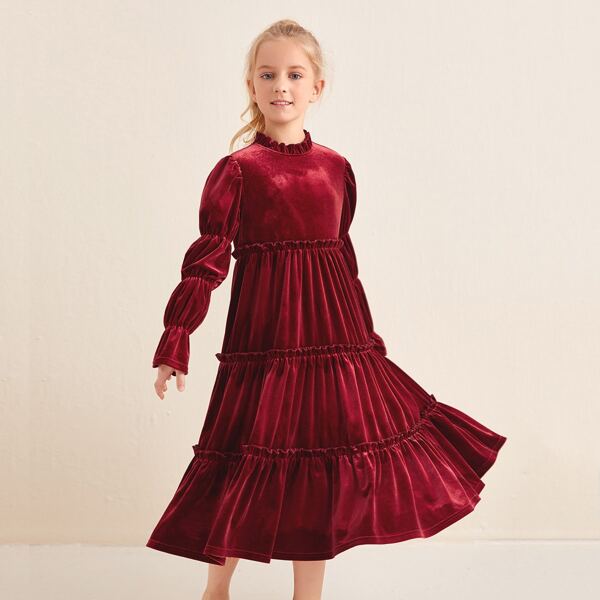 

Girls Gathered Sleeve Ruffle Trim Velvet Dress, Burgundy
