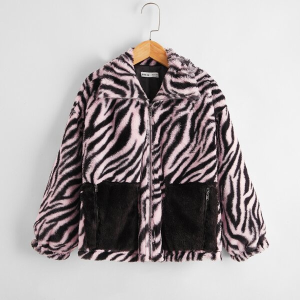 

Girls Pocket Front Zebra Striped Fuzzy Coat, Multicolor