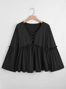 SHEIN LUNE Plus Criss Cross Front Frill Trim Peplum Blouse