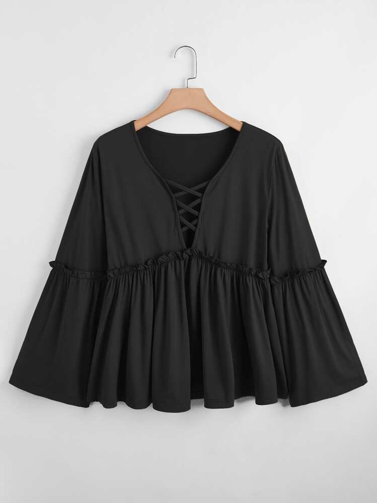 SHEIN LUNE Áo sơ mi Plus Size Viên lá sen màu trơn Giải trí - màu đen - Xem 1