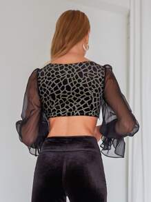 SHEIN Velvet Crop Top & Flare Pants - Black - View 2