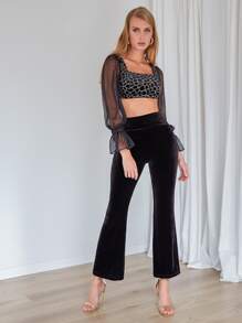 SHEIN Velvet Crop Top & Flare Pants - Black - View 3