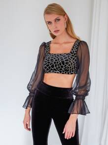 SHEIN Velvet Crop Top & Flare Pants - Black - View 9