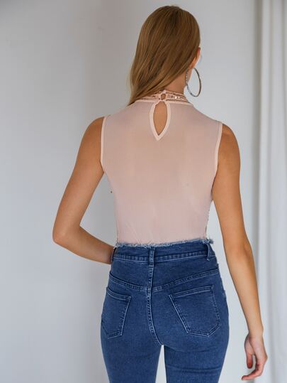SEQUIN SHEER KEYHOLE NECK BODYSUIT