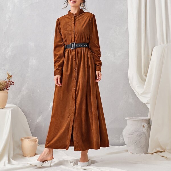

Stand Collar Button Front Belted Shirt Dress, Brown