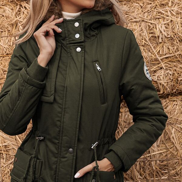 

Drawstring Waist Zip Up Parka Coat, Army green