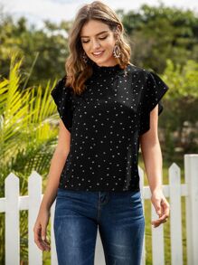 SHEIN LUNE Heart Confetti Mock Neck Keyhole Back Blouse - Black - View 4