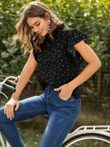 SHEIN LUNE Heart Confetti Mock Neck Keyhole Back Blouse - Black - View 7