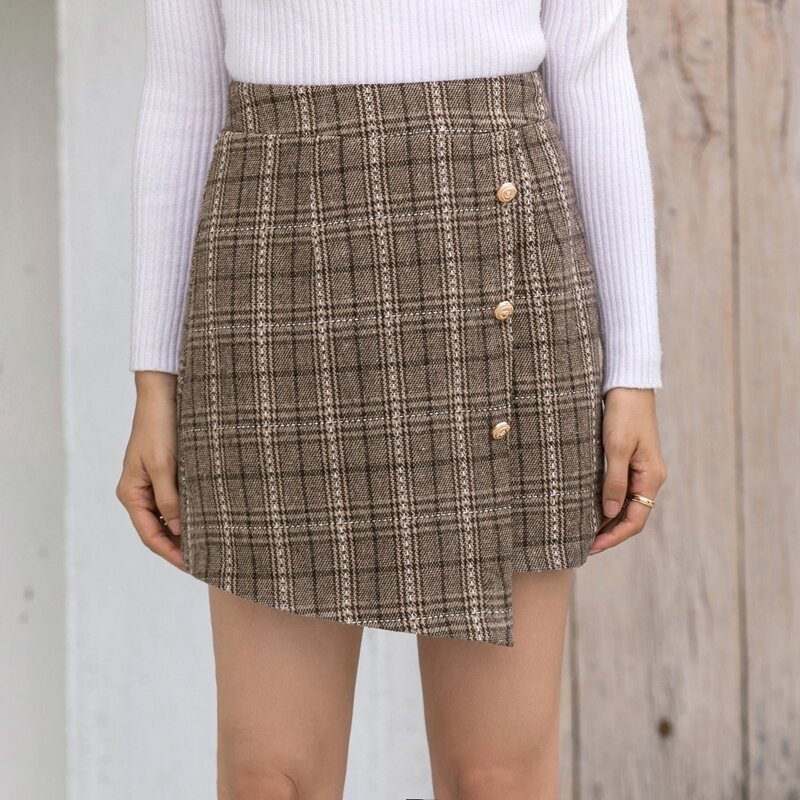 

Plaid Button Front Asymmetrical Hem Skirt, Mocha brown
