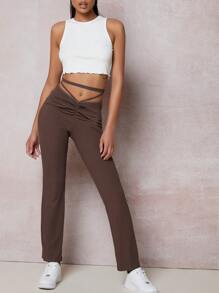 SHEIN Tie Back Drawstring Ruched Pants - Chocolate Brown - View 1