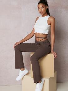 SHEIN Tie Back Drawstring Ruched Pants - Chocolate Brown - View 2