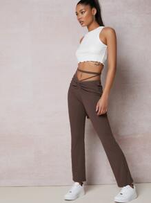 SHEIN Tie Back Drawstring Ruched Pants - Chocolate Brown - View 3