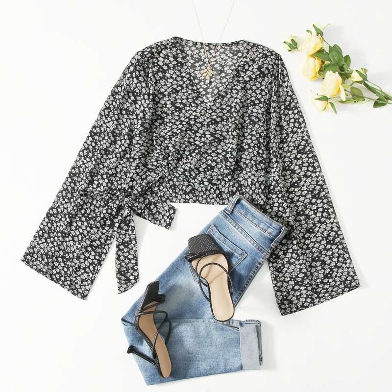 

Ditsy Floral Wrap Blouse, Black