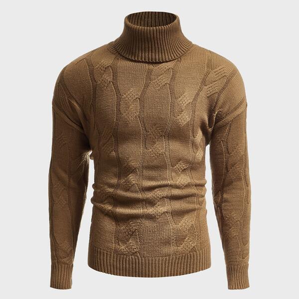

Men Cable Knit High Neck Sweater, Coffee brown