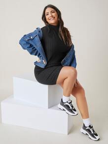 SHEIN BASICS Vestido ajustado tejido de canalé algodón de cuello alto - Negro - Ver 6