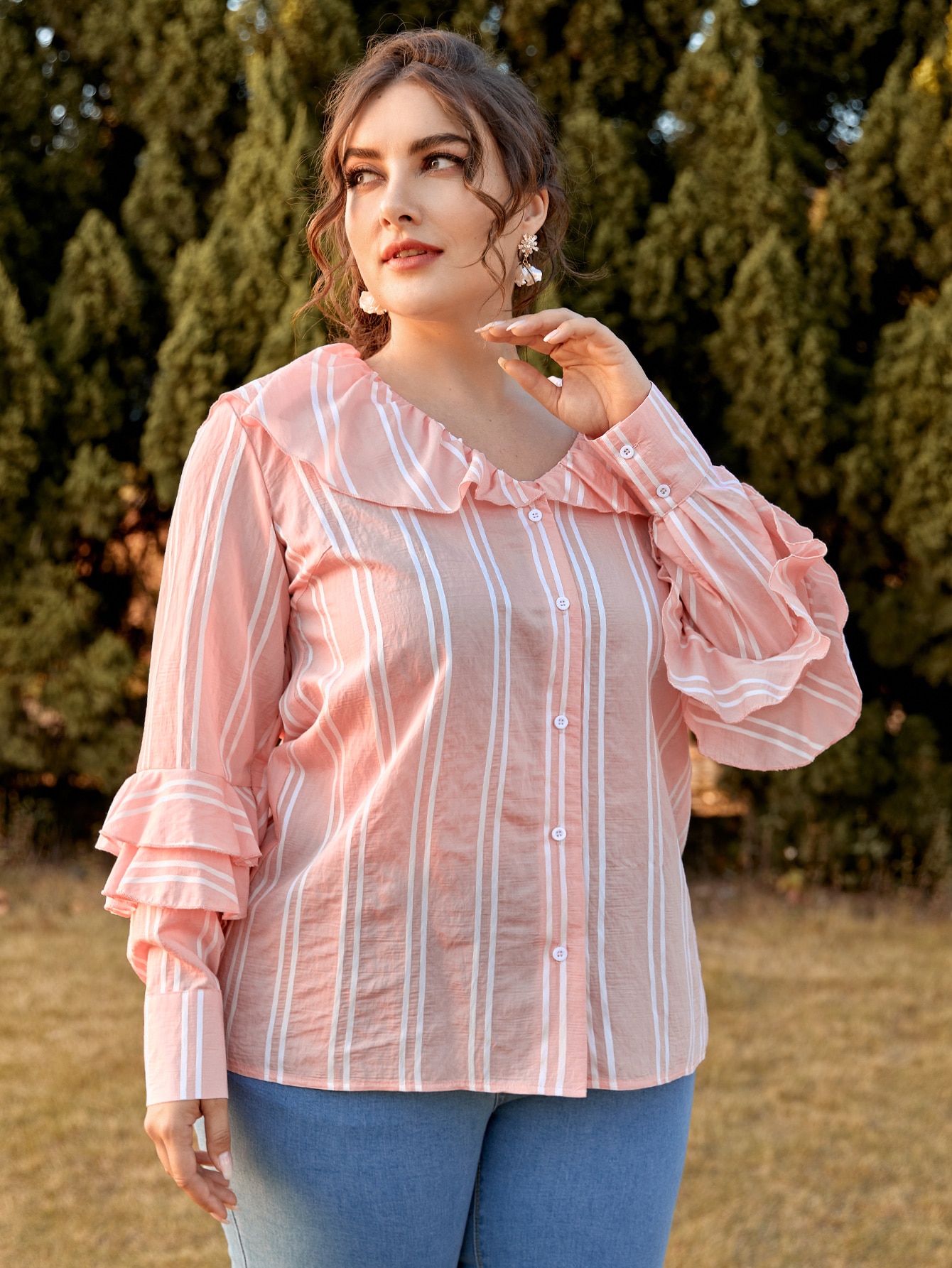 Plus Striped Ruffle Trim Button Through Blouse thumbnail