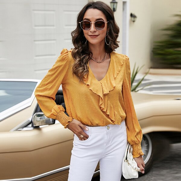 

Swiss Dot Ruffle Trim Blouse, Yellow