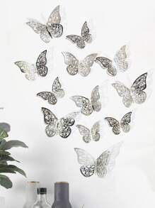 12 piezas Pegatinas de pared de mariposa hueca, pegatinas de mariposa de papel plateado para decoración del hogar, pegatinas, vinilos decorativos para la decoración del hogar, artículos de decoración de primavera para refrescar su hogar, pegatinas de decoración de ramas