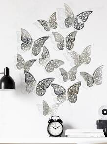 12 piezas Pegatinas de pared de mariposa hueca, pegatinas de mariposa de papel plateado para decoración del hogar, pegatinas, vinilos decorativos para la decoración del hogar, artículos de decoración de primavera para refrescar su hogar, pegatinas de decoración de ramas