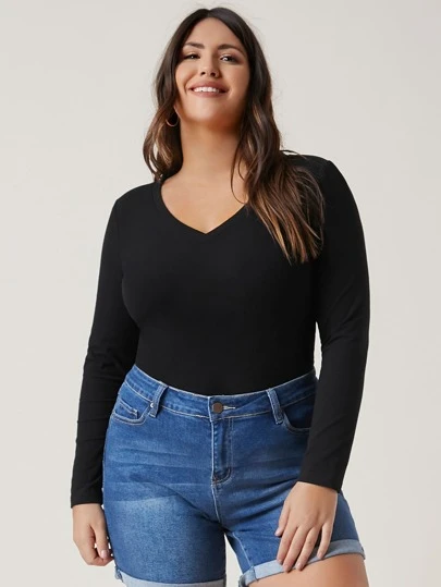SHEIN BASICS Plus Cotton V Neck Solid Tee