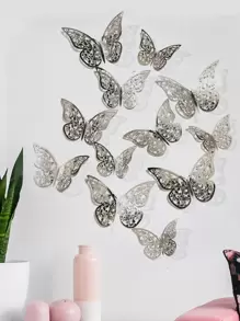 12 piezas Pegatinas de pared de mariposa hueca, pegatinas de mariposa de papel plateado para decoración del hogar, pegatinas, vinilos decorativos para la decoración del hogar, artículos de decoración de primavera para refrescar su hogar, pegatinas de decoración de ramas