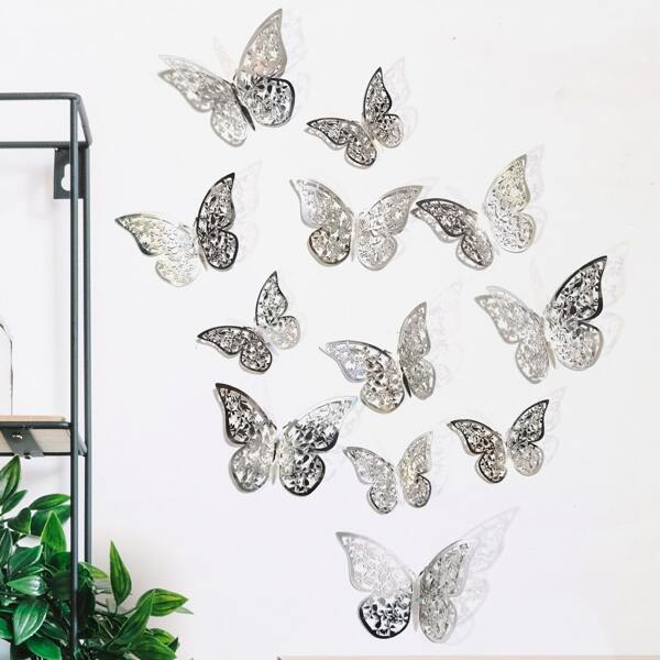 

12pcs Hollow Butterfly Wall Sticker, Silver