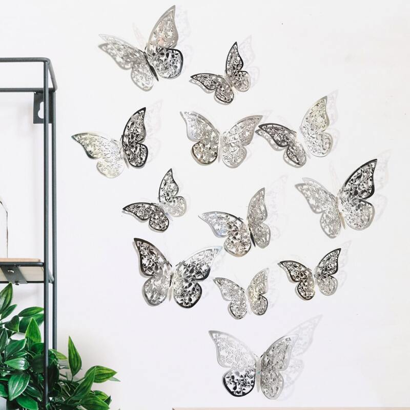 

12pcs Hollow Butterfly Wall Sticker, Silver