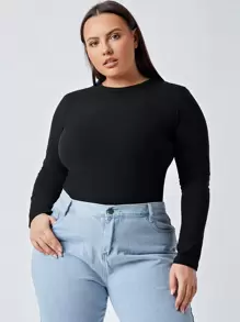 SHEIN BASICS Plus Solid Fitted Top - Black - View 1