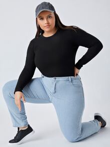 SHEIN BASICS Plus Solid Fitted Top - Black - View 3