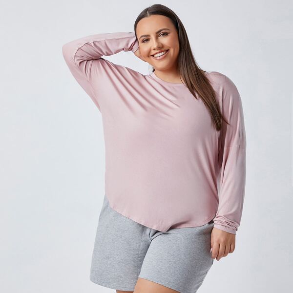 

Plus Drop Shoulder Curved Hem Top, Baby pink