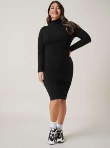SHEIN BASICS Plus Cotton High Neck Bodycon Dress - Black - View 3
