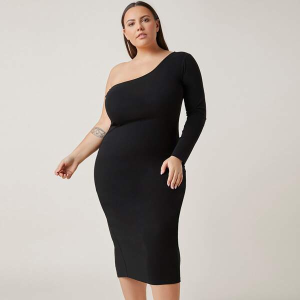 

Plus One Shoulder Split Back Bodycon Dress, Black
