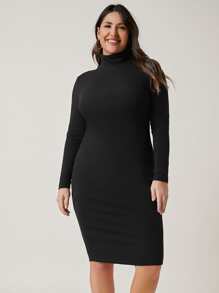 SHEIN BASICS Plus Cotton High Neck Bodycon Dress - Black - View 4