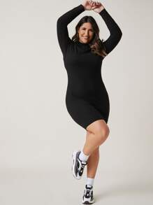 SHEIN BASICS Vestido ajustado tejido de canalé algodón de cuello alto - Negro - Ver 3