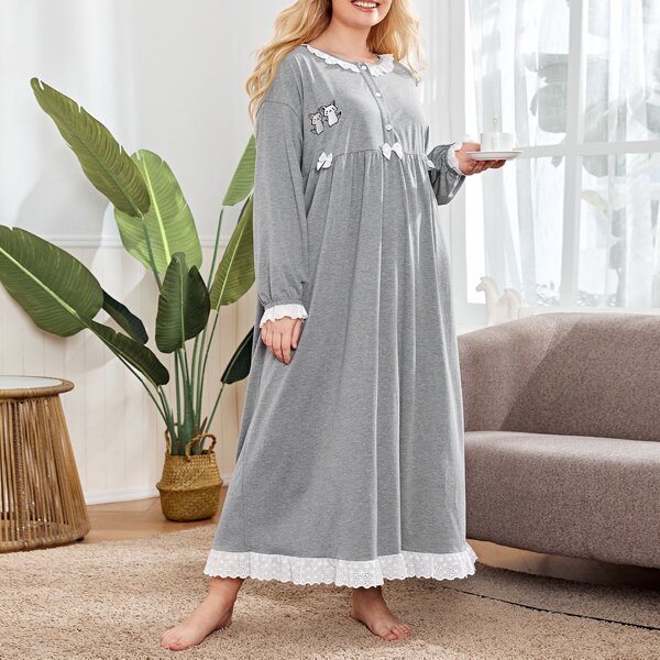 

Plus Cat Embroidered Schiffy Trim Bow Detail Nightdress, Grey