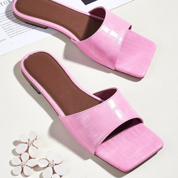 

Open Toe Croc Embossed Mules, Pink