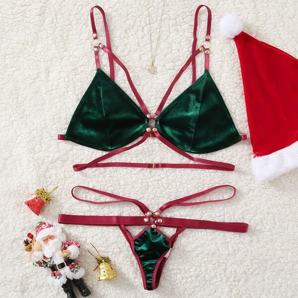 

Plus Christmas Velvet Cut-out Costume Set & Hat, Dark green