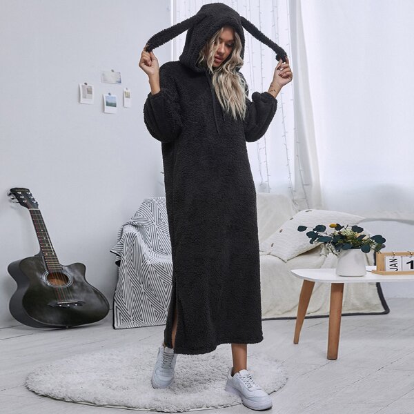 

Split Hem 3D Ears Patched Teddy Sweatshirt Dress, Black