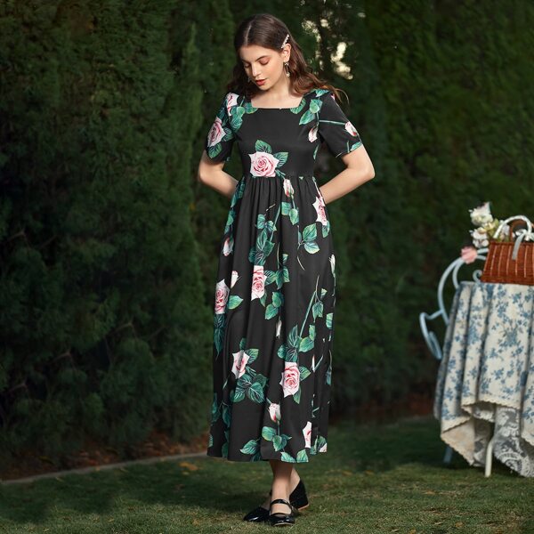 

Floral Square Neck A-line Dress, Black