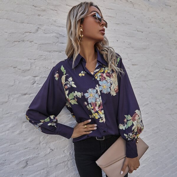 

Floral Print Button Front Blouse, Navy blue