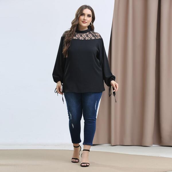 

Plus Contrast Lace Knot Cuff Raglan Sleeve Blouse, Black