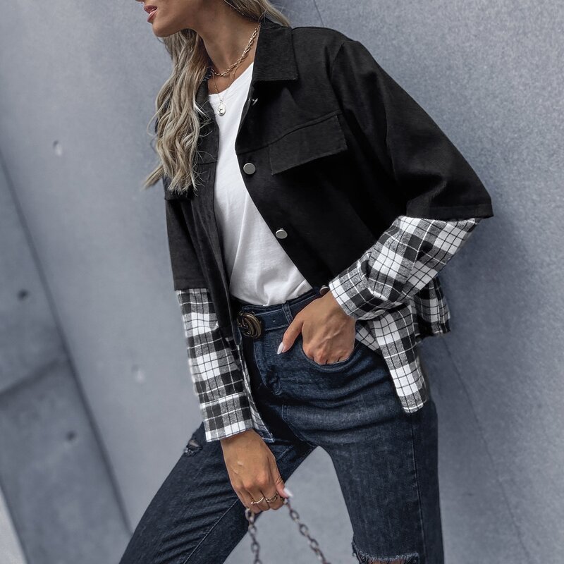 

Contrast Plaid Button Front Corduroy Jacket, Black