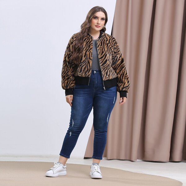 

Plus Tiger Skin Print Zip Up Bomber Jacket, Multicolor