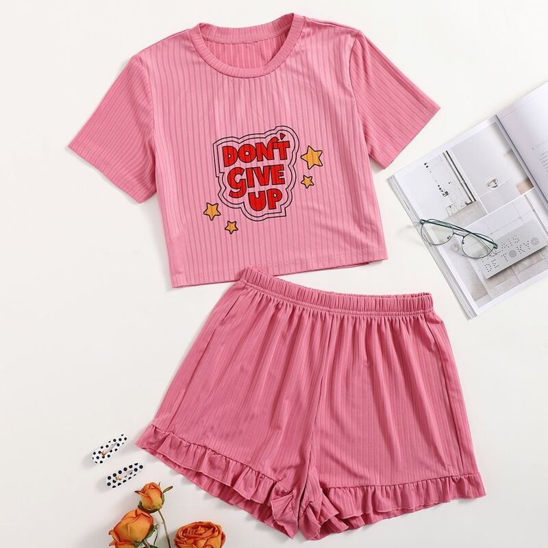 

Slogan Graphic Ruffle Hem Pajama Set, Pink