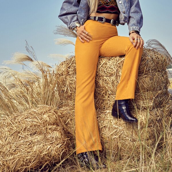 

Corduroy Zipper Back Bootcut Pants Without Belt, Mustard yellow