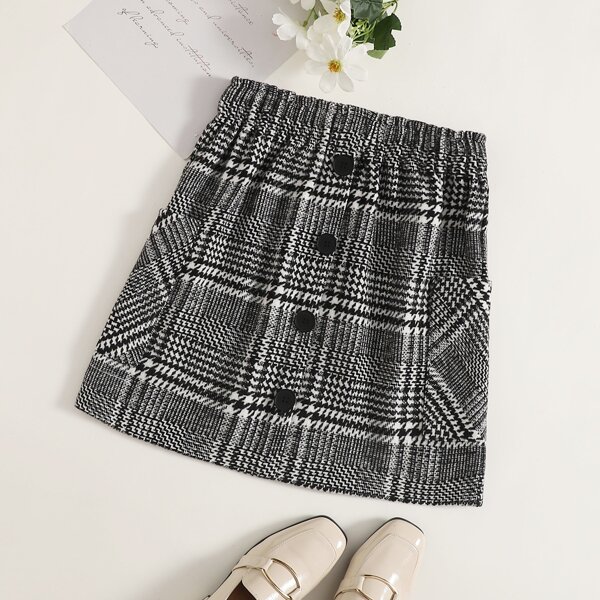 

Tartan Houndstooth Pattern Straight Skirt, Dark grey