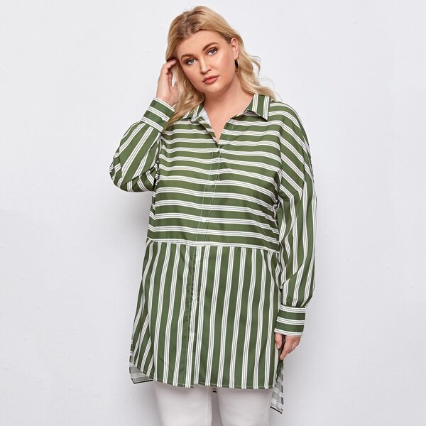 

Plus Striped Button Up Tunic Blouse, Multicolor