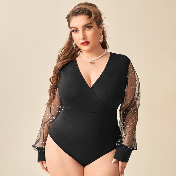 

Plus Star Pattern Contrast Mesh Sleeve Wrap Bodysuit, Black