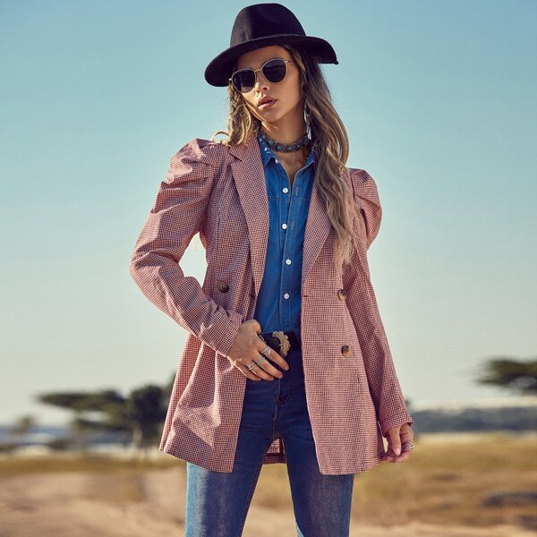 

Plaid Puff Sleeve Blazer, Red and white